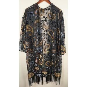 NWT Sheer Velvet Paisley Artsy Boho Kimono Tassle Festival Statement Duster Sz M
